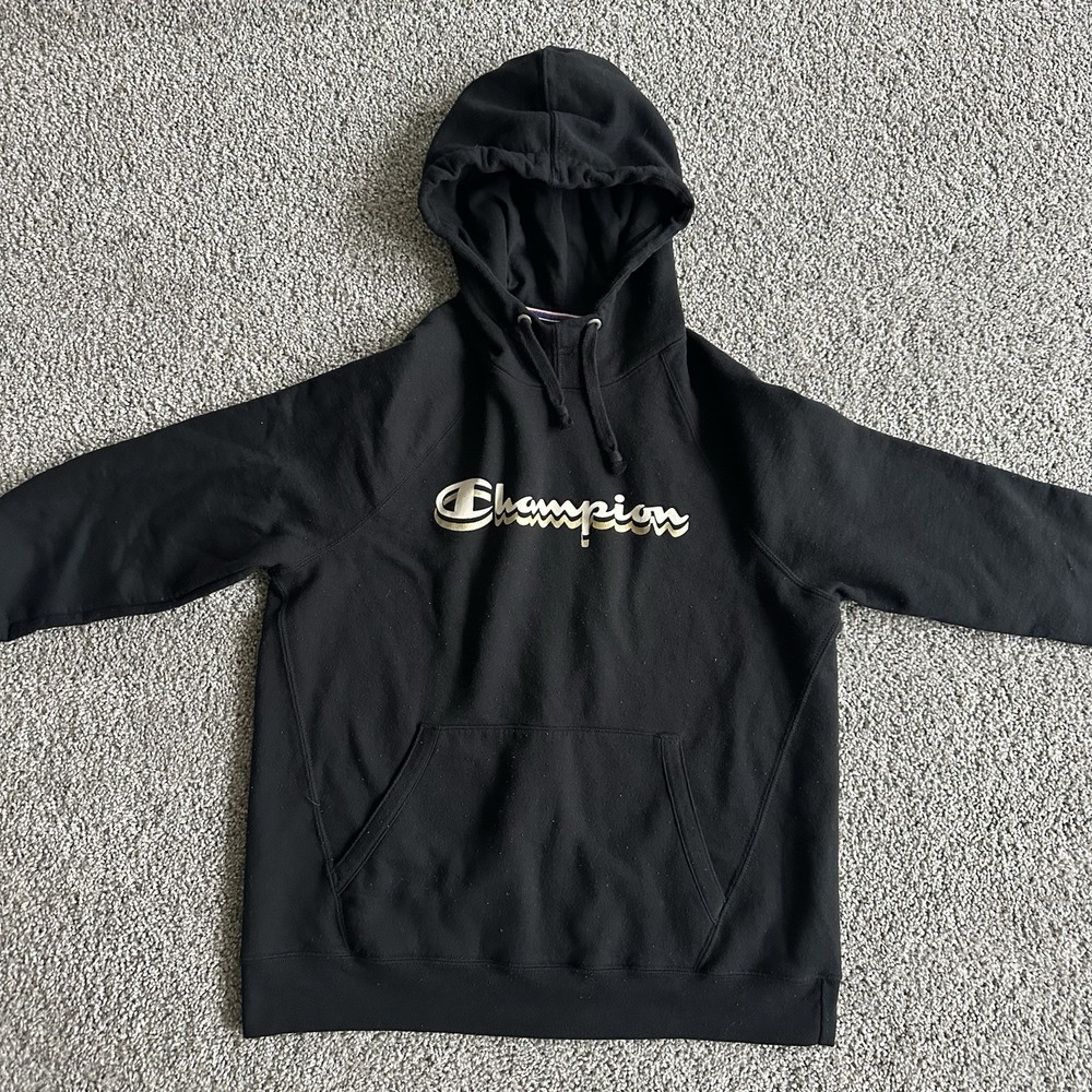 Champion Powerblend Graphic Hoodie‎ Large Black With Gold Writing